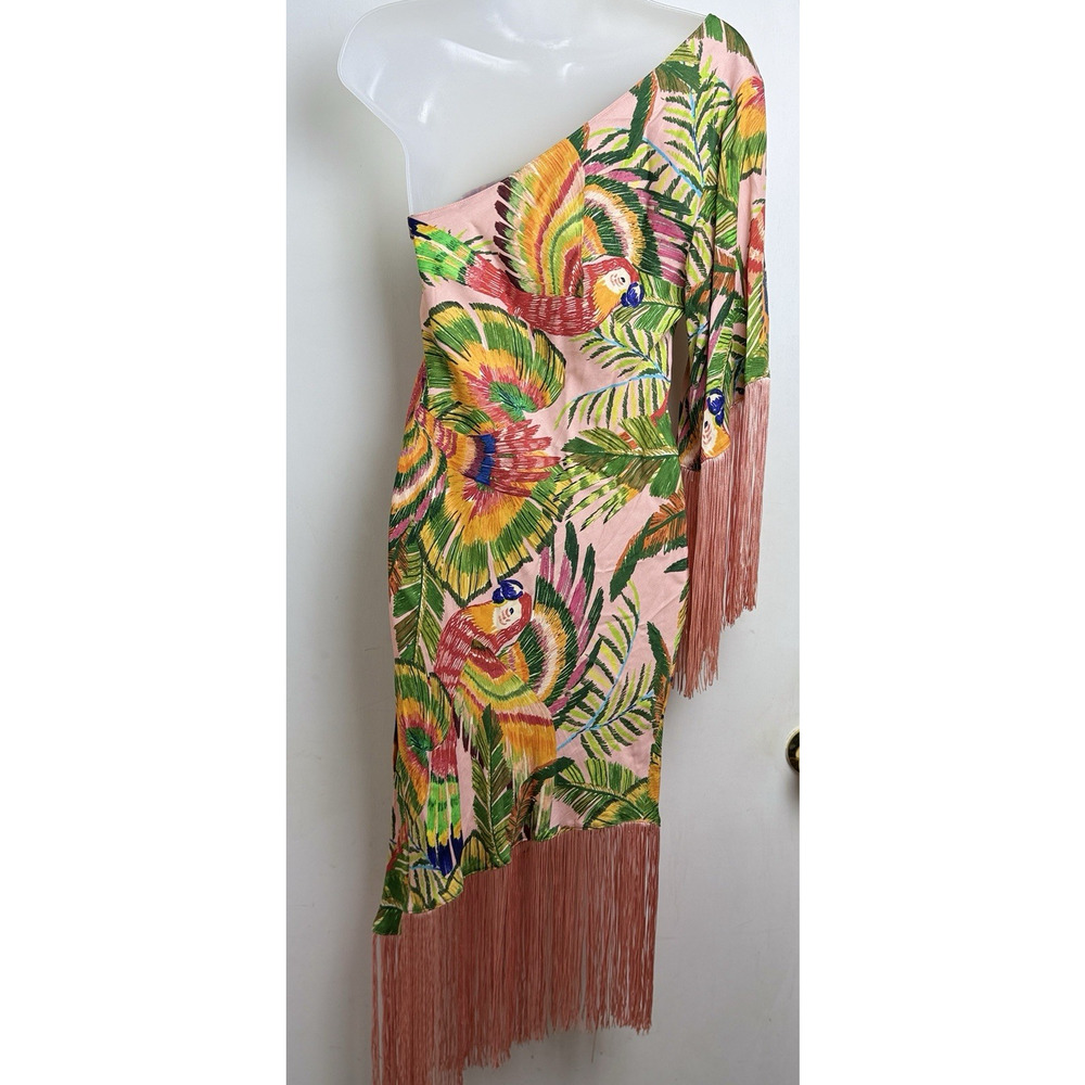 FARM Rio One-Shoulder Pink Tropical Parrot Fringe Midi Dress S Vacation Cruise - Picture 5 of 12